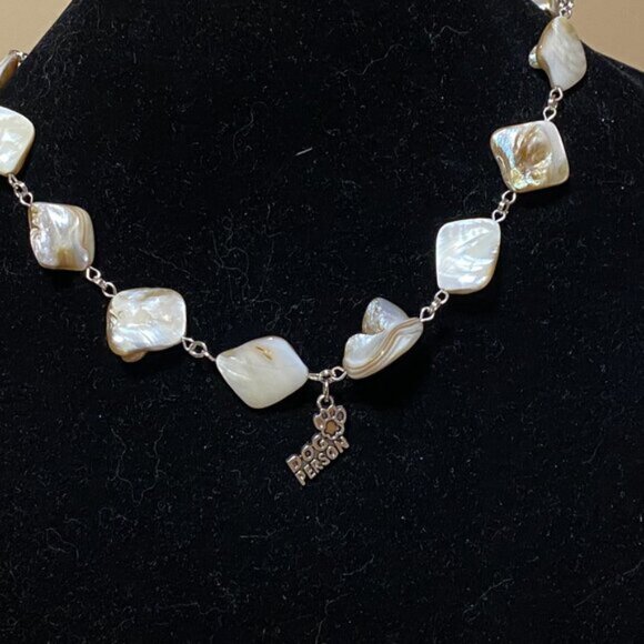 Irregular Mother of Pearl Shell Beads + Dog Person Paw Print Pendant Necklace - Picture 3 of 12
